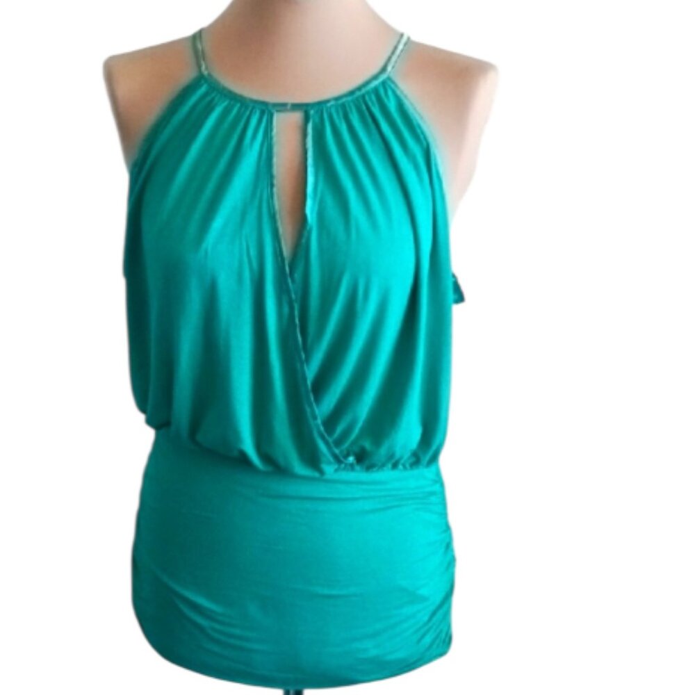 2B BEBE Teal Halter Top W Sateen Trim Sz.L